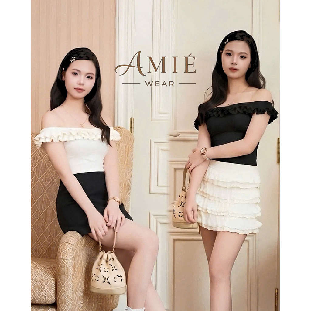 (40-62kg) Áo len trễ vai phối hai bèo AM02
