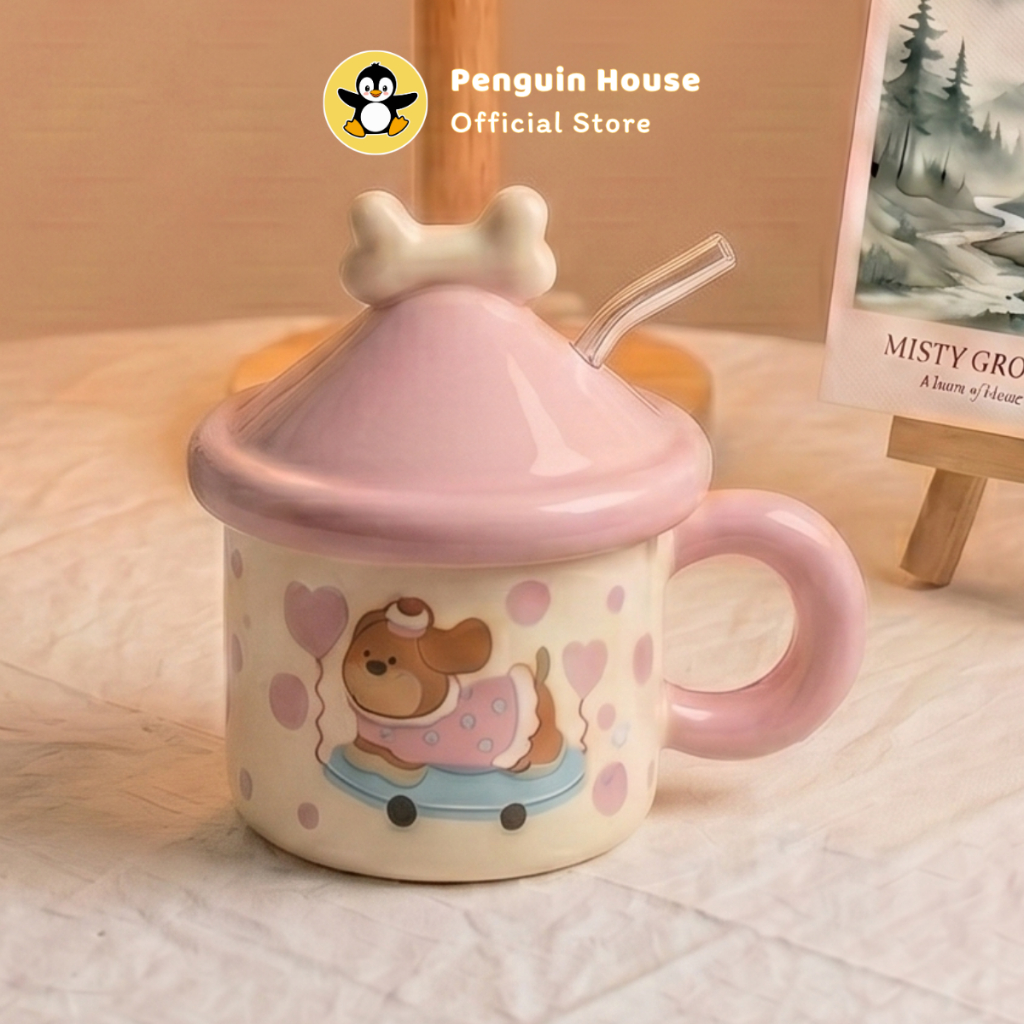 [Penguin] Cốc sứ cute Happy Puppy 400ml ly sứ decor, ly sứ uống nước, cốc uống nước dễ thương_FS3