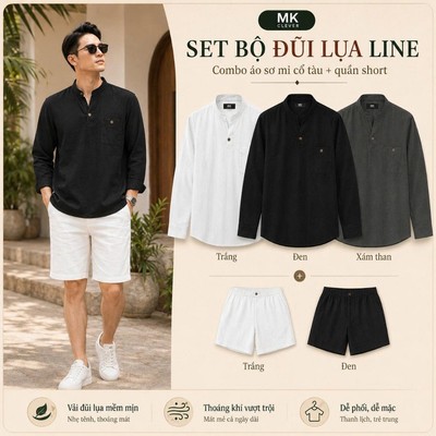 Set Bộ Nam Áo Đũi Lụa Dài Tay và Quần Short Đũi Line MKCLEVER Đồ bộ nam FormThoáng Mát, Set Đồ Nam Trẻ Trung Mùa Hè