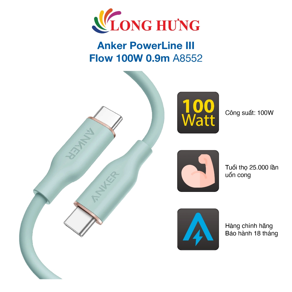 Cáp USB Type-C to Type-C Anker PowerLine III Flow 100W 0.9m A8552 - Hàng chính hãng