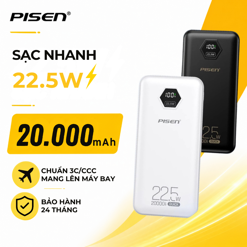 PISEN Sạc Dự Phòng 10000mAh/20000mAh 22.5W Sạc Nhanh PD/QC, 3 Cổng, Nhỏ Gọn, An Toàn TP-D183