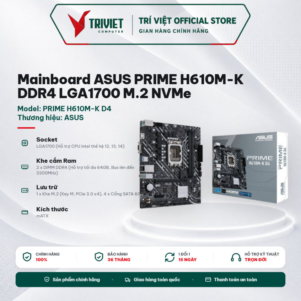 Mainboard ASUS PRIME H610M-K DDR4 LGA1700 M.2 NVMe Hỗ Trợ Intel Core Gen 12 13 14 - Bo Mạch Chủ
