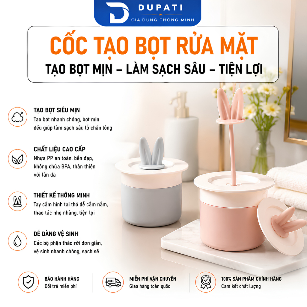 Cốc Tạo Bọt Rửa Mặt Thiết Kế Tai Thỏ Dễ Thương, Làm Sạch Nhẹ Dịu