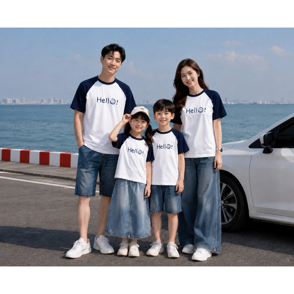 áo gia đình Raplan trắng phối xanh mẫu hello. Family store.