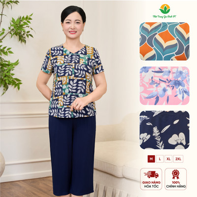Bộ mặc nhà trung niên chất lanh áo cộc tay quần lửng họa tiết hoa lá thời trang Việt Thắng B06.6110