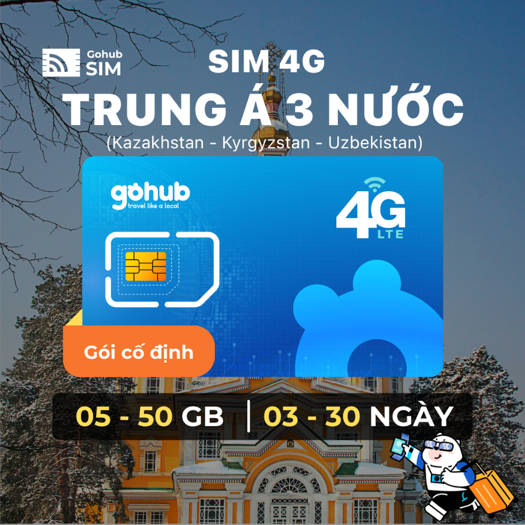 SIM 4G Kazakhstan - Kyrgyzstan - Uzbekistan - Gói cố định (03- 30 ngày) - Gohub tặng kèm que chọc SI