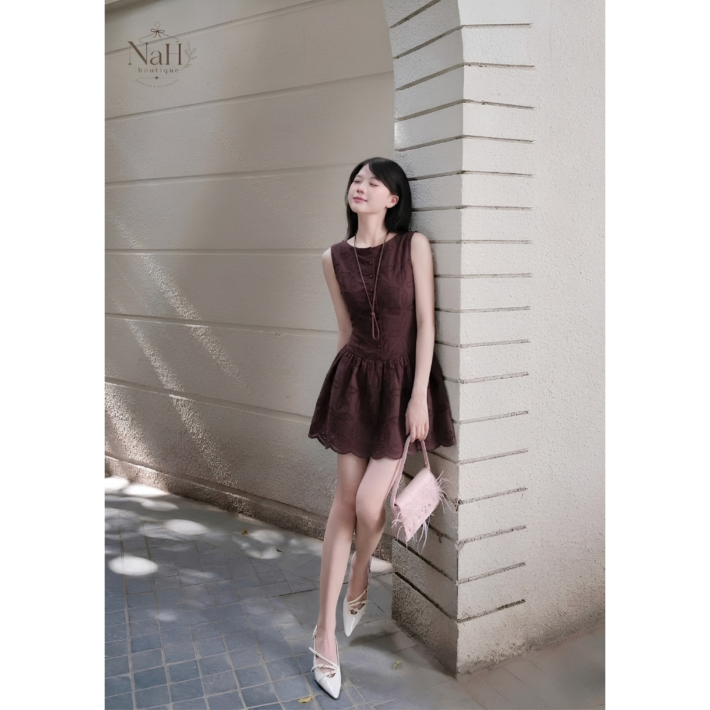 Đầm nâu xô hoa sát nách nút bọc nữ tính thanh lịch phong cách hàn quốc đi chơi dự tiệc NH102
