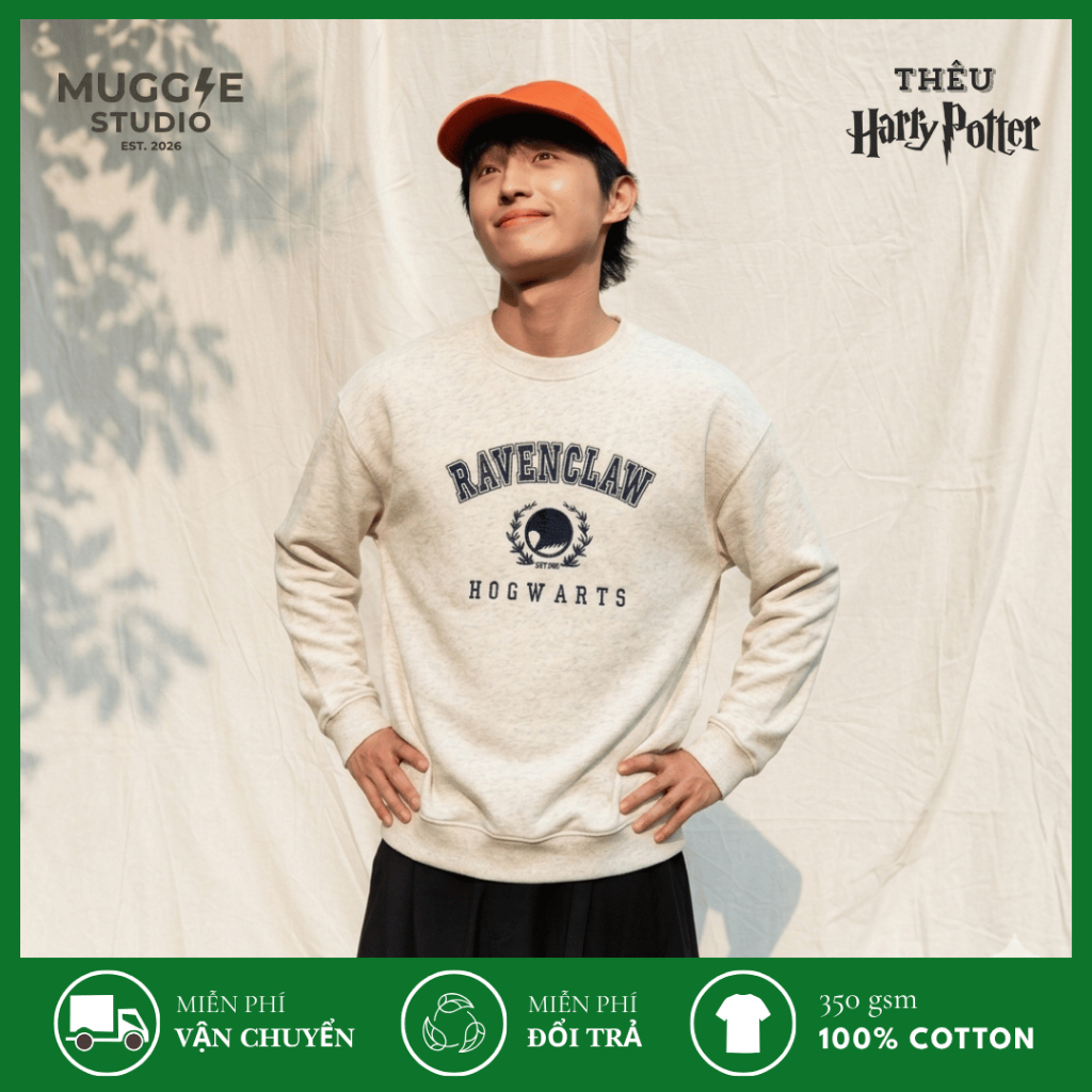 MUGGLE Áo Sweater Nỉ Bông Thêu Logo 4 Nhà Harry Potter Unisex Form Rộng 100% Cotton 350GSM Dày Dặn G