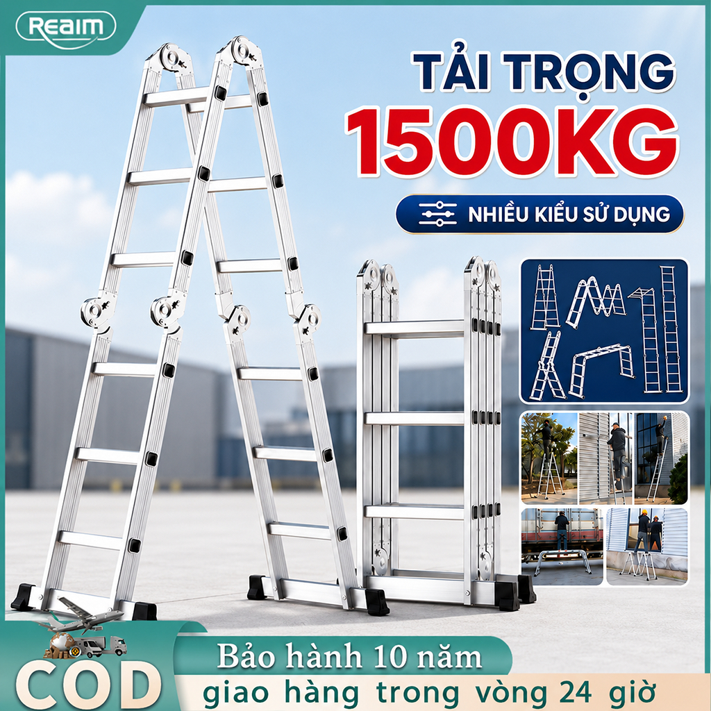 Thang gấp gọn Thang nhôm gấp 4 đoạn Thang Nhôm Xếp Gấp Gọn Gia Đình Chữ M 14 tư thế sử dụng  Bảo hàn