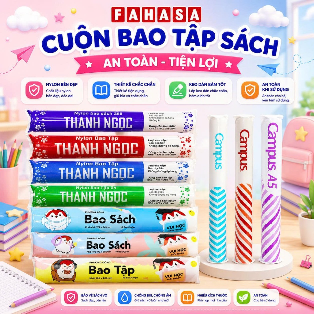 Cuộn Bao Sách Giáo Khoa Nylon Và Bao Tập Kích Thước Đa Dạng (10 Tờ/Cuộn)
