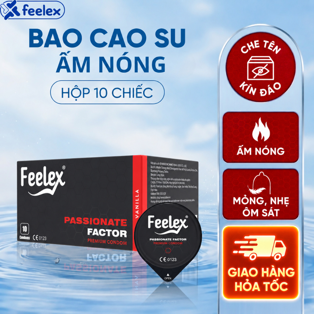 Bao cao su Feelex truyền nhiệt, siêu mòng, bôi trơn, size 52mm, hộp 10 bao