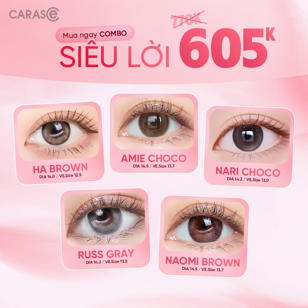 Combo 5 Cặp Kính Áp Tròng 1 Ngày CARASE, Lens Cận Ha Brown/Amie Choco/Nari Choco/Russ Gray/Naomi Bro