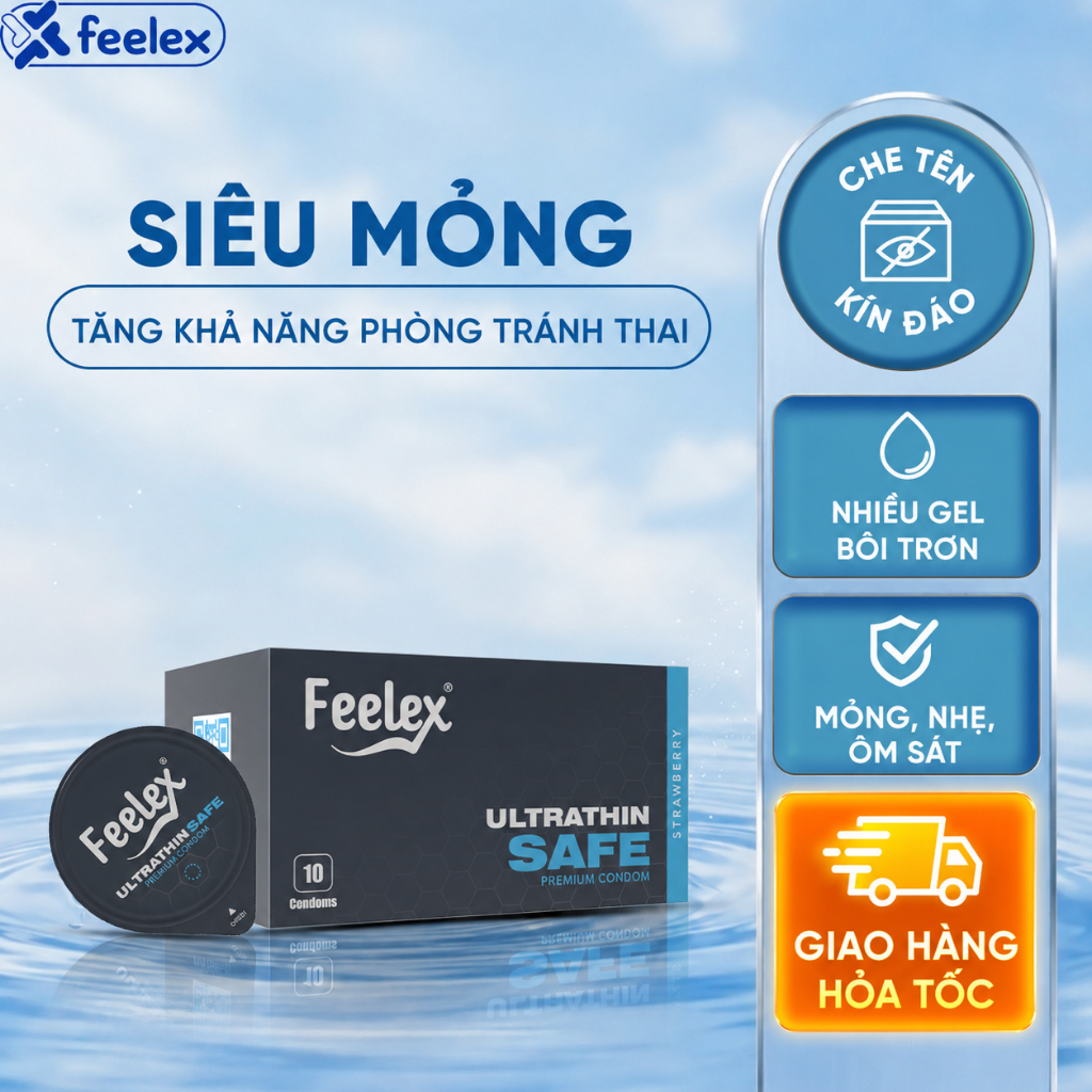 Bao Cao Su Feelex Ultrathin Safe Siêu Mỏng, Có 1% Nonoxynol-9 Tăng Cường Khả Năng Phòng Tránh Thai -