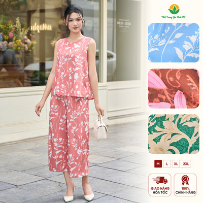 Bộ mặc nhà nữ chất Cotton Rayon quần lửng, áo sát nách họa tiết thời trang Việt Thắng - B45.6121