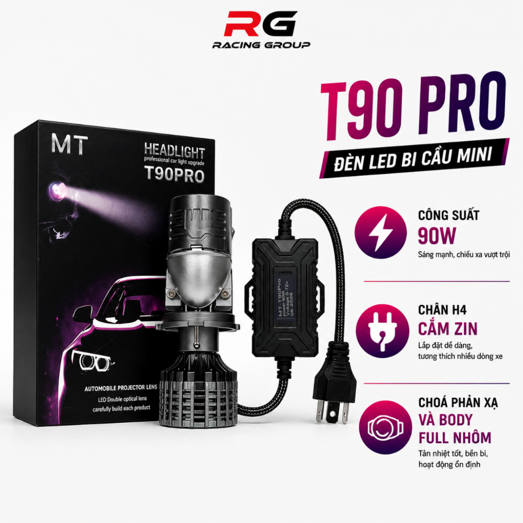 T90 Pro Bi Cầu Mini Chân H4 Body Full Nhôm Công Suất 90W Chân H4 Cắm Như Zin