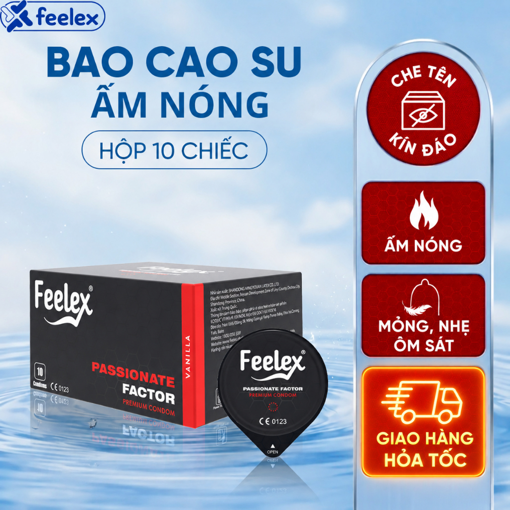 Bao cao su Feelex Passionate Factor siêu mỏng, truyền nhiệt, cảm giác chân thật, hộp 10 bcs
