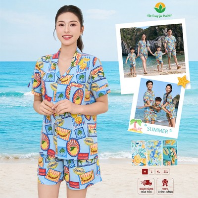 Bộ đồ lanh nữ Việt Thắng quần đùi áo cộc tay họa tiết đi biển, set gia đình B03.6011