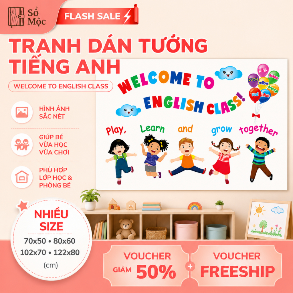 Tranh Dán Tường Tiếng Anh Alphabet Decal Trang Trí Lớp Học, Phòng Bé Mầm Non (7774)