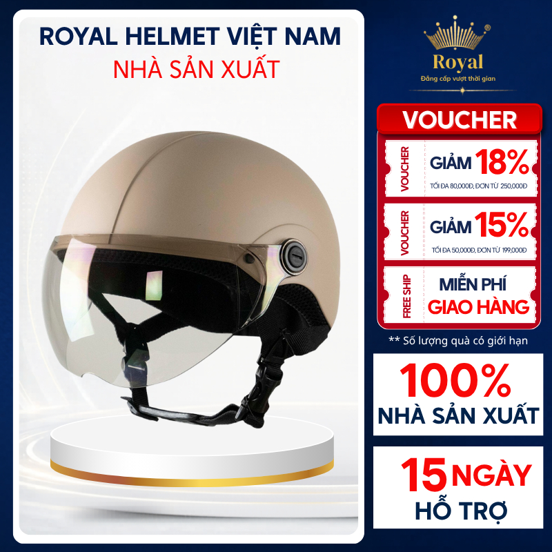 Mũ Bảo Hiểm Nửa Đầu Có Kính Chính Hãng Asia MT-128K Cho Nam Nữ Royal Helmet VietNam