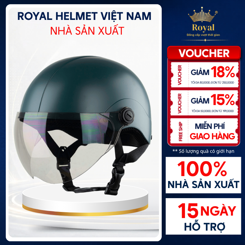 Mũ Bảo Hiểm 1/2 Đầu  Có Kính Chính Hãng Asia MT-128K Nam Nữ Royal Helmet VietNam
