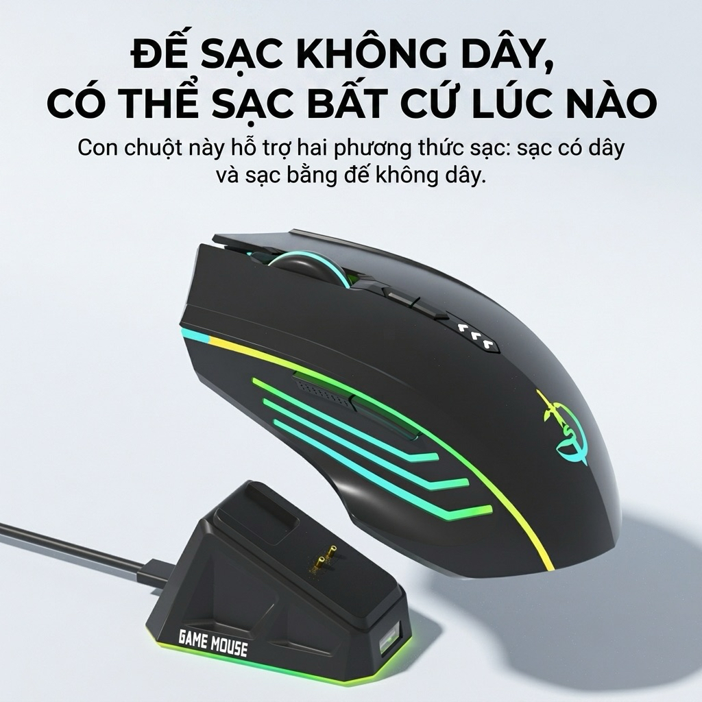 Chuột không dây gaming bluetooth TEKKIN HOLY SWORD M800 PRO PAW3312 Tri-Mode có đế sạc pin trâu 500m