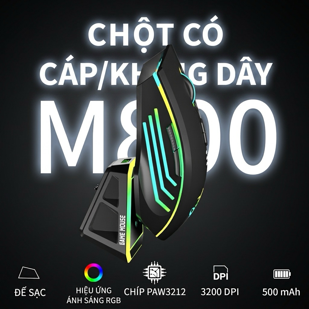 Chuột không dây gaming bluetooth TEKKIN HOLY SWORD M800 PRO PAW3312 Tri-Mode có đế sạc pin trâu 500m