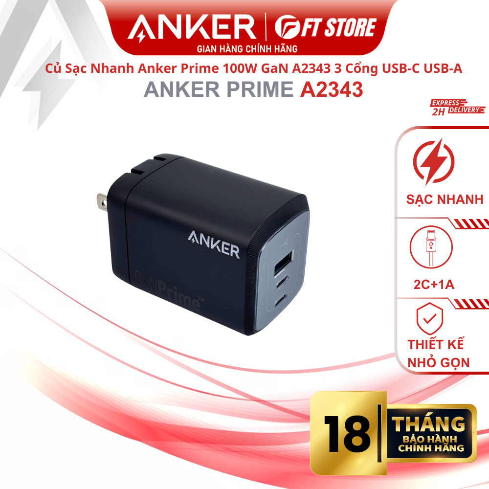 Củ sạc nhanh A2343 Anker 737 GaN Prime 100W 3 cổng 2C1A sạc 3 thiết bị cùng lúc có PPS, PD, IQ 4.0