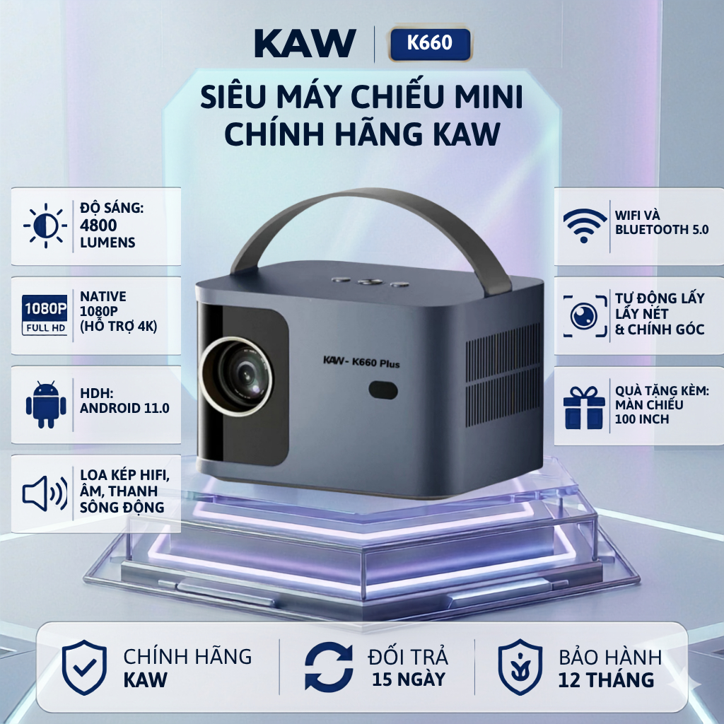Máy Chiếu Mini KAW K660 Plus, Kết Nối WIFI, Điện Thoại, Máy Tính, Đa Năng, Sắc Nét, Tiện Lợi