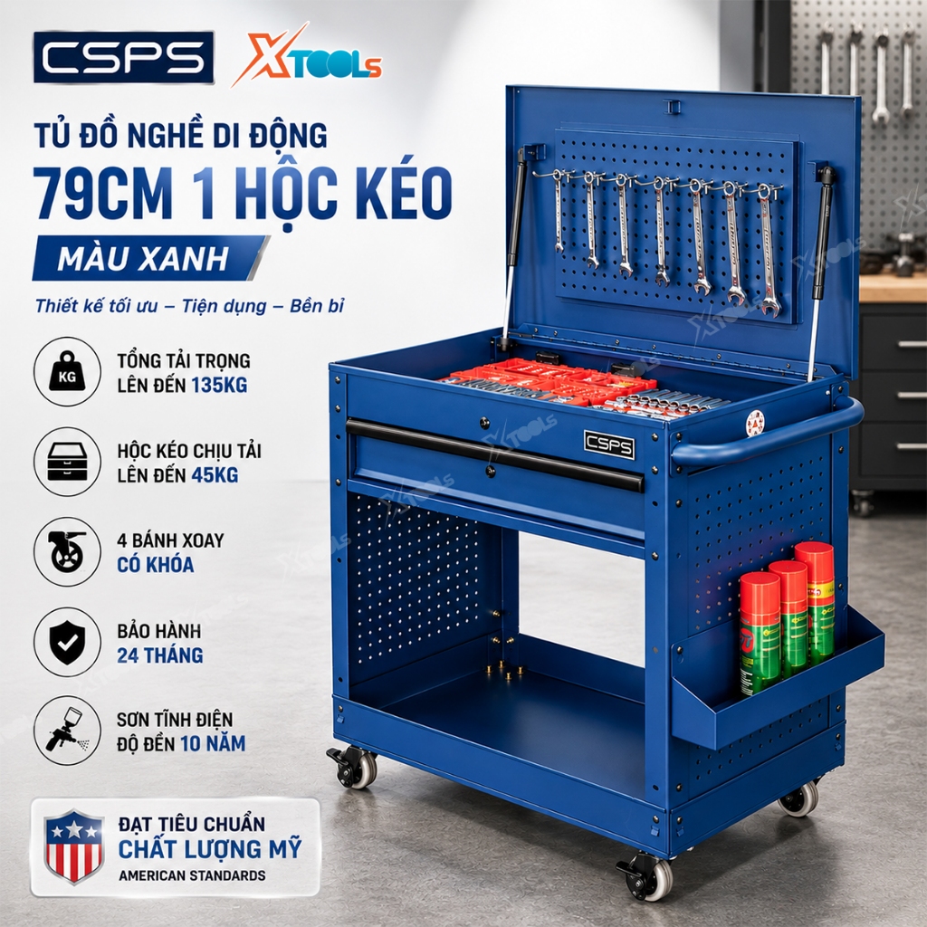 Tủ đồ nghề di động CSPS 79cm 1 hộc kéo màu xanh, tải135kg 4 bánh xe di động, xe đẩy di động, tủ di đ