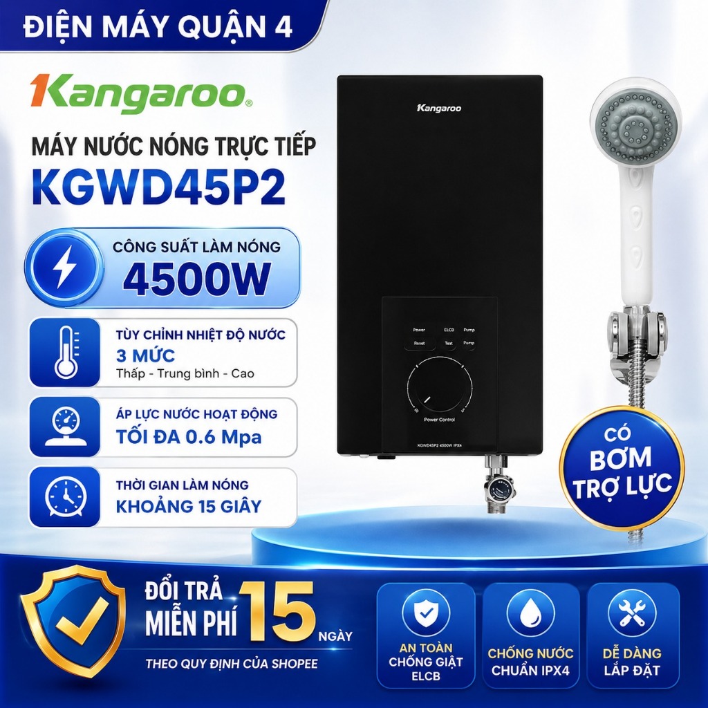 Máy Nước Nóng Trực Tiếp Kangaroo Bơm Trợ Lực ELCB 4500W KGWD45P2