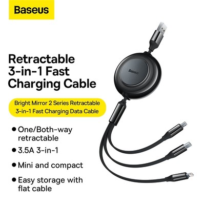 Cáp sạc nhanh Baseus Bright Mirror 2 Series Retractable 3 in 1 USB to M+L+C 3.5A dài 1.1m
