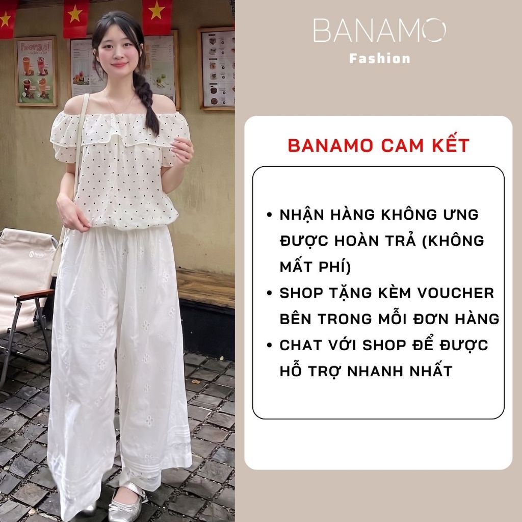 Áo kiểu nữ BIGSIZE Banamo Fashion áo chấm bi cổ trễ vai phối bèo nhún tay bồng dáng suông form rộng mặc nhiều kiểu 397 | BigBuy360 - bigbuy360.vn