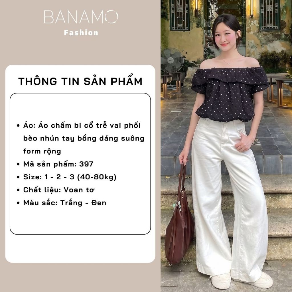 Áo kiểu nữ BIGSIZE Banamo Fashion áo chấm bi cổ trễ vai phối bèo nhún tay bồng dáng suông form rộng mặc nhiều kiểu 397 | BigBuy360 - bigbuy360.vn