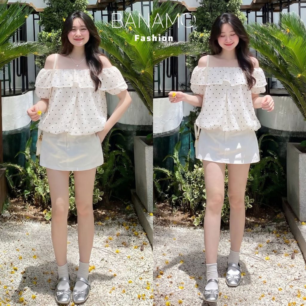 Áo kiểu nữ BIGSIZE Banamo Fashion áo chấm bi cổ trễ vai phối bèo nhún tay bồng dáng suông form rộng mặc nhiều kiểu 397 | BigBuy360 - bigbuy360.vn