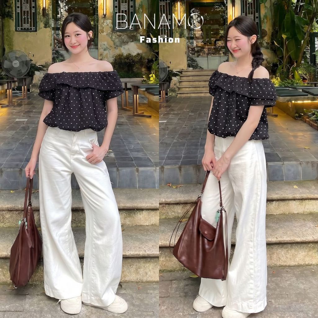 Áo kiểu nữ BIGSIZE Banamo Fashion áo chấm bi cổ trễ vai phối bèo nhún tay bồng dáng suông form rộng mặc nhiều kiểu 397 | BigBuy360 - bigbuy360.vn