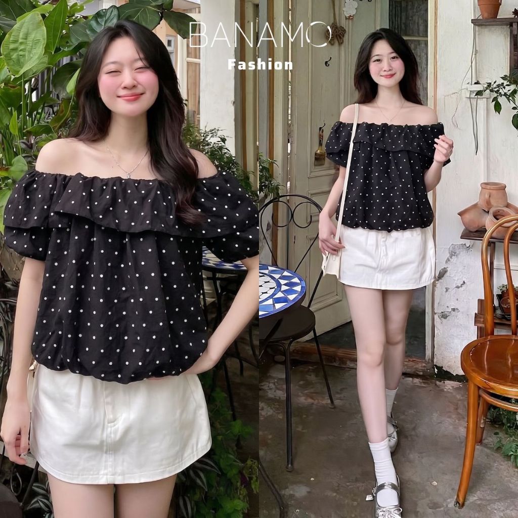 Áo kiểu nữ BIGSIZE Banamo Fashion áo chấm bi cổ trễ vai phối bèo nhún tay bồng dáng suông form rộng mặc nhiều kiểu 397 | BigBuy360 - bigbuy360.vn