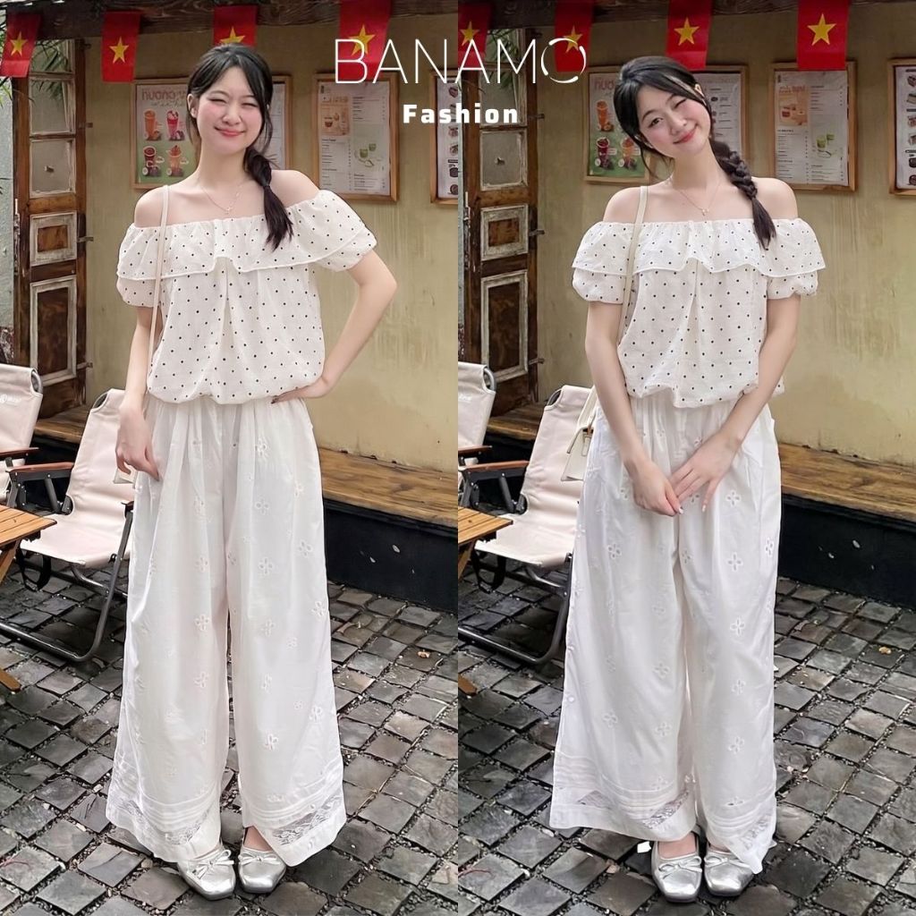 Áo kiểu nữ BIGSIZE Banamo Fashion áo chấm bi cổ trễ vai phối bèo nhún tay bồng dáng suông form rộng mặc nhiều kiểu 397 | BigBuy360 - bigbuy360.vn