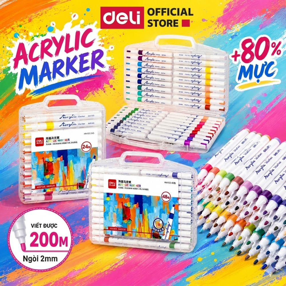 [🔥GIÁ HỜI] Bút Sơn Acrylic Marker Deli TĂNG 80% MỰC Tiết Kiệm 12/24/36/48/64/80 Màu Vẽ Mọi Chất Liệu