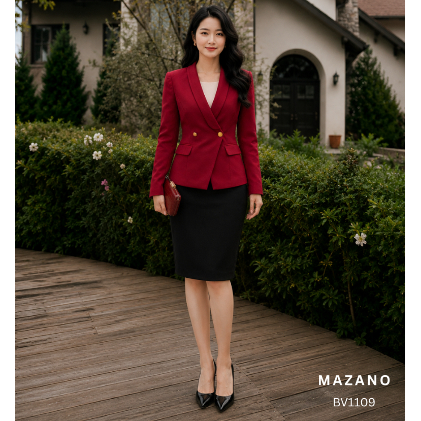 Bộ Áo Vest đỏ và chân juyp màu đen vải tuytxi nữ Mazano