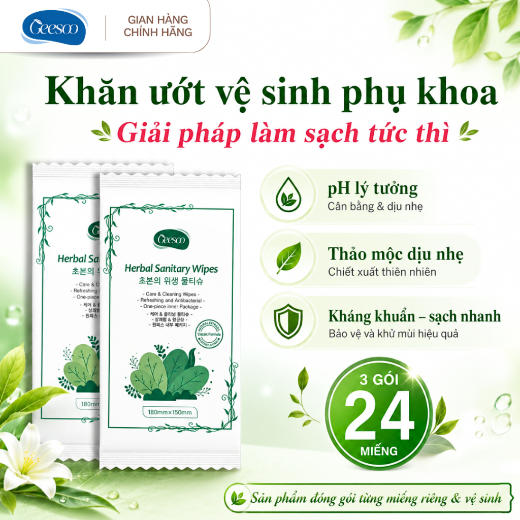 Khăn Ướt Vệ Sinh Phụ Khoa Geesoo Thảo Dược pH 5.5 Khử Mùi Hỗ Trợ Làm Sạch (Gói Lẻ 8 Miếng)