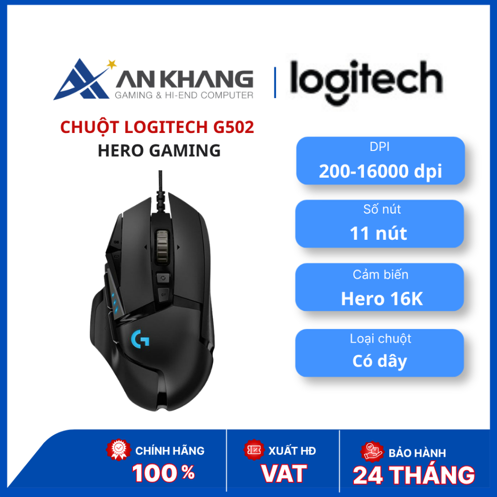 Chuột Logitech G502 HERO Gaming (Black) | HERO 16K | 16000 DPI | 11 Nút | RGB | Có dây