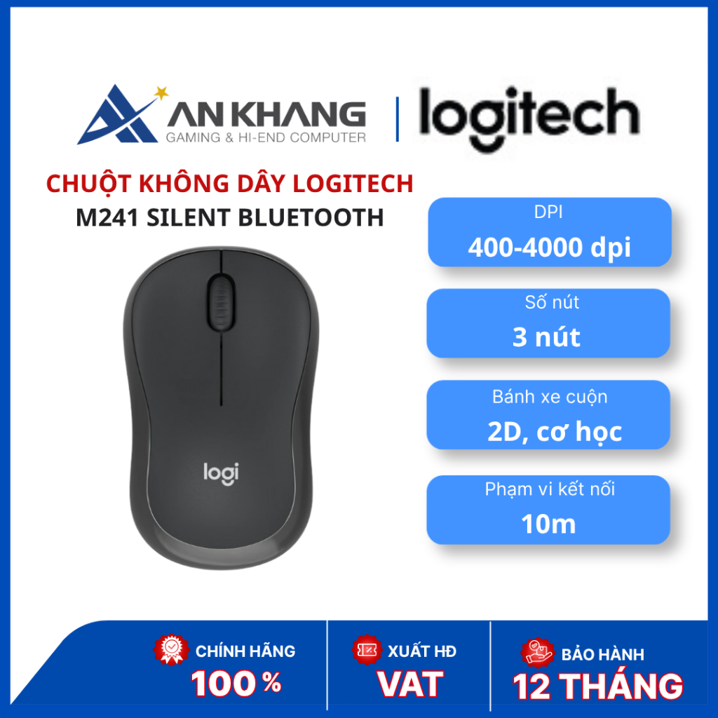 Chuột không dây Logitech M241 Silent Bluetooth (910-007416) | Silent Touch | 4000 DPI | Graphite