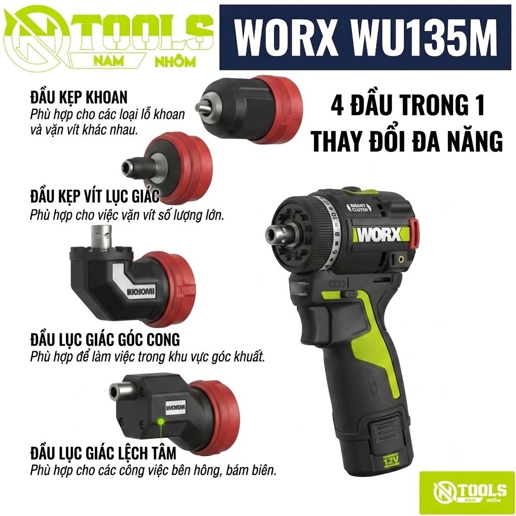 Máy khoan bắt vít 4 đầu Worx WU135M 12V - Máy khoan pin đa năng góc khuất, lệch tâm chính hãng