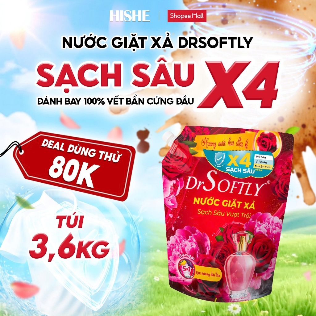 [ 3,6KG] Nước giặt xả 5IN1 Drsoftly SẠCH SÂU X4, đánh bay bùn đất, dầu mỡ, mùi đồ ăn, lưu hương đến 72h