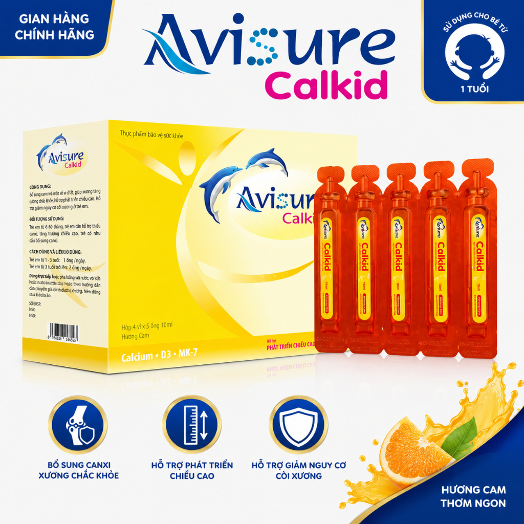Canxi cho bé Avisure Calkid bổ sung canxi hữu cơ và D3 giúp trẻ cao lớn vượt trội 30 ống