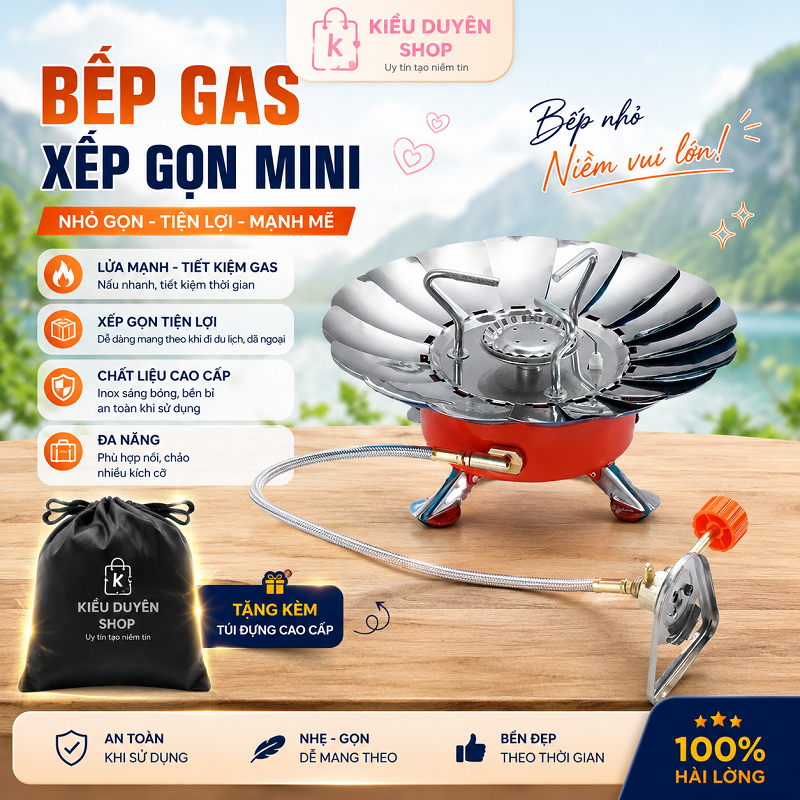 MẪU MỚI CAO CẤP CÓ CHẮN GIÓ ) Bếp ga mini du lịch xếp gọn, bếp gas đơn nhỏ gọn,Bếp Ga Mini Chống Gió