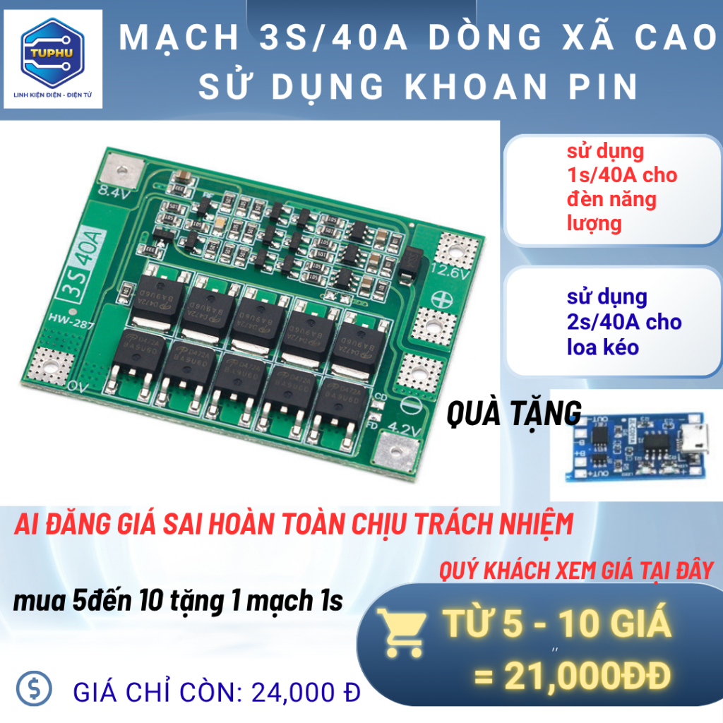 mạch bản nâng cấp bảo vê pin đầy tự ngắt 3s40A cell 1865o quý khách xem kỷ hình shop giao đúng sản p