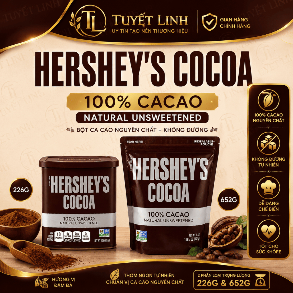 Bột Cacao Nguyên Chất Hershey's Cocoa 100% Cacao Tự Nhiên Không Đường Hộp 226g / Túi 652g