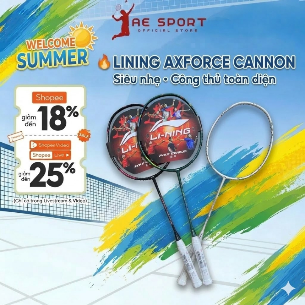 Vợt Lining Axforce Cannon chính hãng căng sẵn 10,5kg, 11kg, 12kg, khung full carbon chơi công thủ to