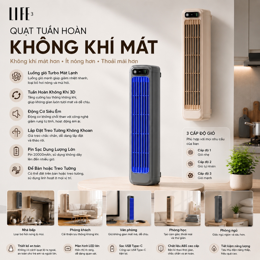 Quạt Điều Hòa 3Life M60 Treo Tường & Để Bàn | Quạt Không Cánh Sạc Pin